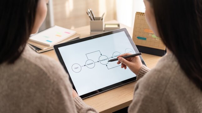 Over the shoulder view of two women collaborating on digital tablet drawing flowchart diagram with stylus pen, brainstorming session for project development workflow