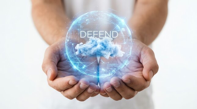 Protecting digital assets hands holding a glowing sphere with the word 'DEFEND' and a cloud inside, symbolizing cybersecurity and data protection