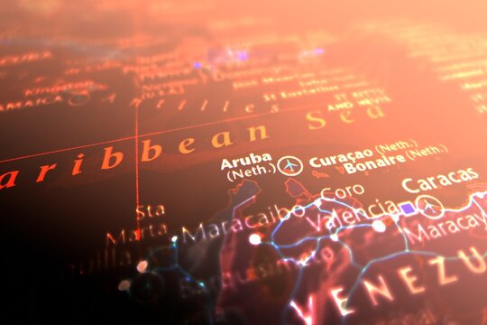 Map of Aruba styled in cyber red colors. Selective focus on label, close-up view