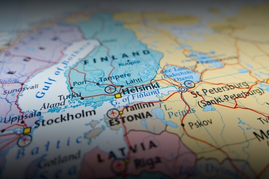 Map of Helsinki with shadowed top and bottom. Selective focus on label, close-up view