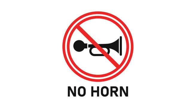 No horn warning sign illustration. Red prohibition badge with trumpet symbol and no horn message for traffic control, vehicle safety, road regulations, and noise restriction.