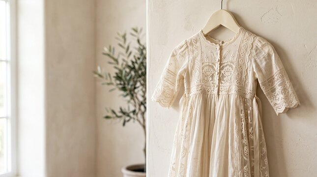 Baptismal gown vintage lace, Vintage white lace baby dress hanging on wall in sunlit room  