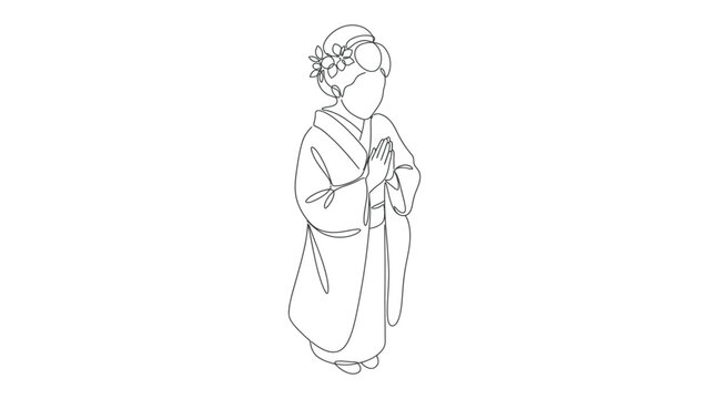 Minimalist continuous line drawing of a Japanese geisha wearing traditional kimono.