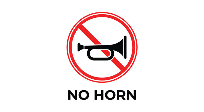 No horn traffic sign illustration. Prohibited horn symbol with red crossed circle and warning message for road safety, traffic regulations, quiet zones, driving rules, and vehicle control.