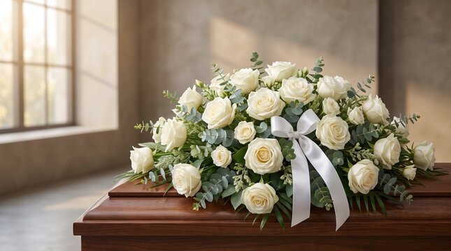 Casket spray white roses, White rose funeral arrangement on wooden casket in sunlit chapel  