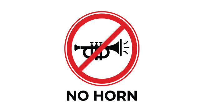 No horn traffic sign illustration. Prohibited horn symbol with red crossed circle and warning message for road safety, traffic regulations, quiet zones, driving rules, and vehicle control.