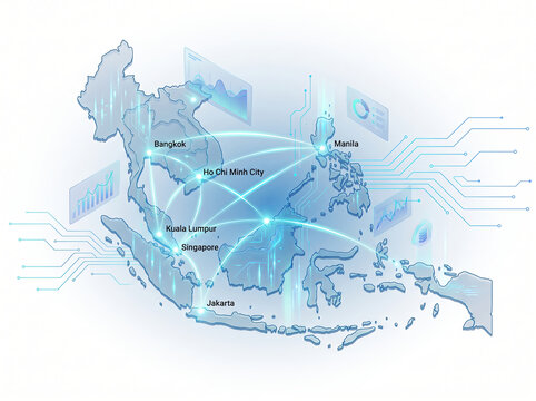 Southeast Asia digital connectivity map showing network connections between major cities.