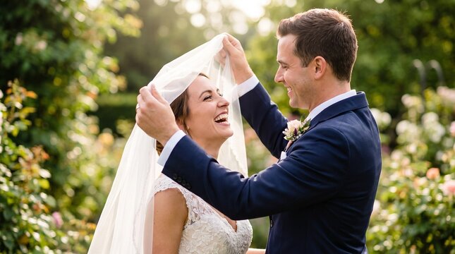 Groom lifting bride veil, Young bride and groom smiling outdoors during wedding ceremony in garden  