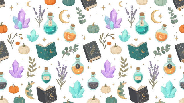 Magical seamless pattern with potion bottles crystals and spell books