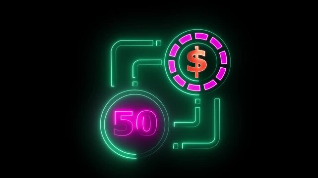 50 dollar sign text vibrant neon green on black background, financial wealth and currency concept. Neon check mark with payment successful. Confirmation, money transaction concept.