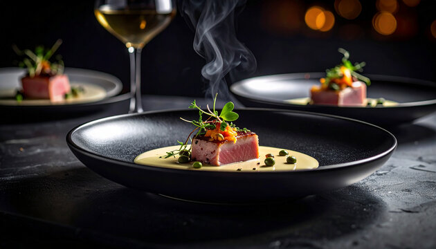 Vitello tonnato with creamy tuna sauce and capers elegant plating
