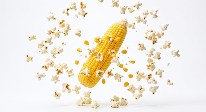 Sweet Corn Cob with Flying Popcorn and Kernels Explosion, Floating Levitation Concept Isolated on White Background