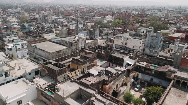 Aerial view of a densely populated urban city in old delhi, india, showcasing urban poverty and overpopulation