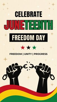 Celebrate juneteenth freedom day poster design with broken chains and raised fists for african american history
