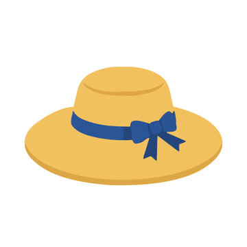 Yellow straw sun hat with a blue ribbon bow as a summer fashion accessory for beach vacation themes
