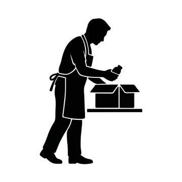 Worker in an apron packing a jar into a cardboard box, small business shipping and order fulfillment concept