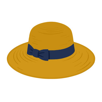 Yellow straw sun hat with a dark blue ribbon bow for summer beach vacation, representing sunny travel fashion