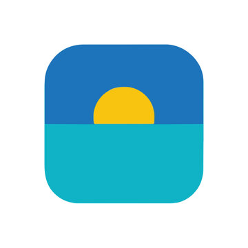 Yellow sun rising over blue ocean horizon inside a rounded square button for mobile application interface design
