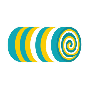 Abstract striped blue and yellow rolled mat showing spiral texture, fitness gear for health and wellness branding