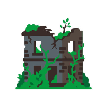 Abandoned stone house overgrown with green vines, representing nature reclaiming architecture and environmental decay