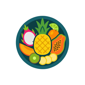 Assorted tropical fruits like pineapple, dragon fruit, and papaya arranged in a bowl, healthy lifestyle concept