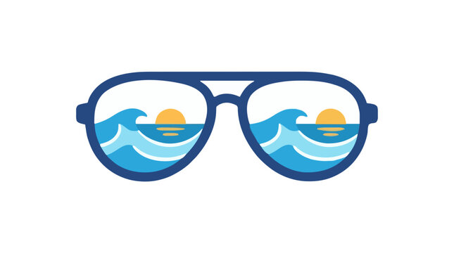Aviator sunglasses reflecting ocean waves and sunset, minimalist summer vacation and tropical travel concept