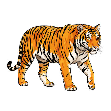 Realistic Bengal Tiger Walking Illustration Isolated on White Background