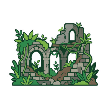 Ancient stone ruins overgrown with green jungle plants and vines, historic temple archway for game design
