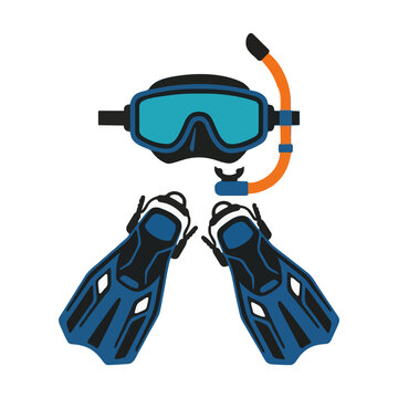 Blue diving mask with snorkel and swimming flippers set for underwater ocean exploration and summer vacation recreation