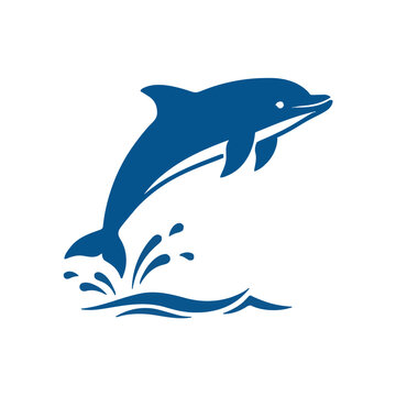 Blue dolphin jumping out of the ocean water with splashes, minimalist marine wildlife conservation symbol