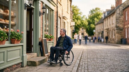 Obraz premium Senior man in wheelchair at inaccessible bakery entrance