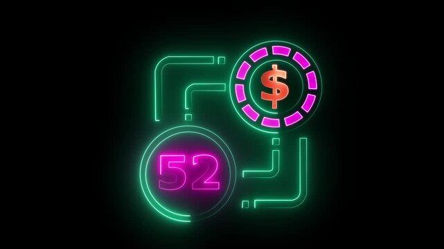 52 dollar sign text vibrant neon green on black background, financial wealth and currency concept. Neon check mark with payment successful. Confirmation, money transaction concept.