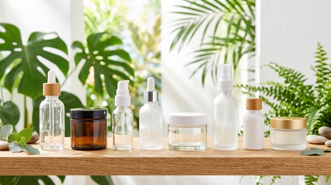 Natural skincare products on wooden shelf with green plants
