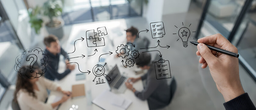 A hand draws business, workflow and innovation icons on a glass surface above a professional team meeting, illustrating brainstorming, strategic planning, collaboration and project development