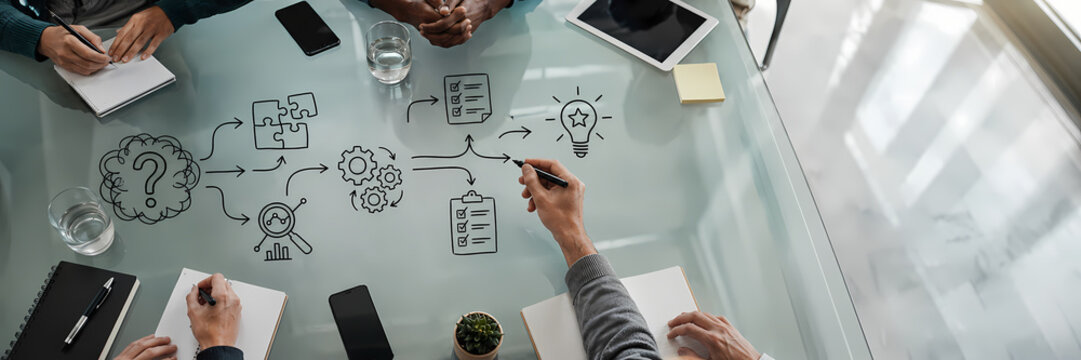 Overhead view of a business team around a glass table covered with hand-drawn workflow, idea and process icons, using digital devices during a collaborative brainstorming and project planning session