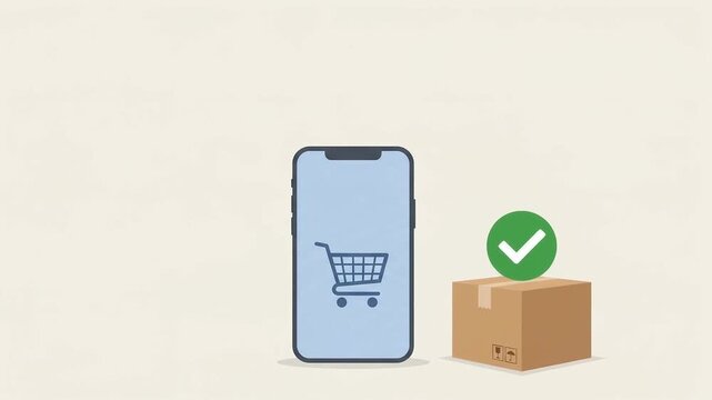 スマートフォンのショッピングカートと荷物で表現するネット通販の注文完了アニメーション