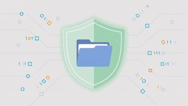 盾とフォルダで表現するファイル保護とデータセキュリティのアニメーション