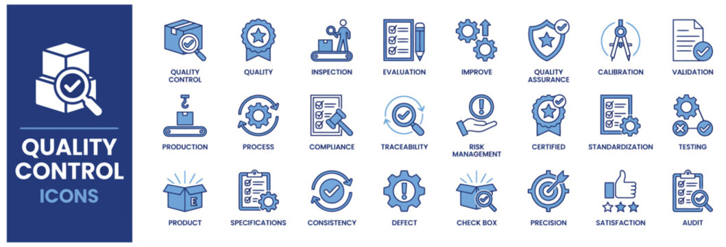 Quality control and industrial management blue line icon set.