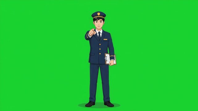 Anime-style character of a male pilot in uniform pointing forward on a green screen background.