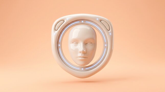 Modern 3D facial recognition scanner icon isolated on pastel orange background for biometric authentication AI security identity verification and smart technology concepts