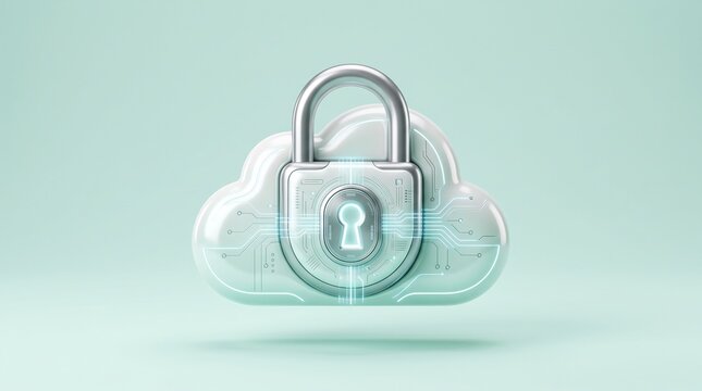 Modern 3D secure cloud icon with digital lock isolated on pastel mint background for cloud computing data protection storage and cybersecurity concepts