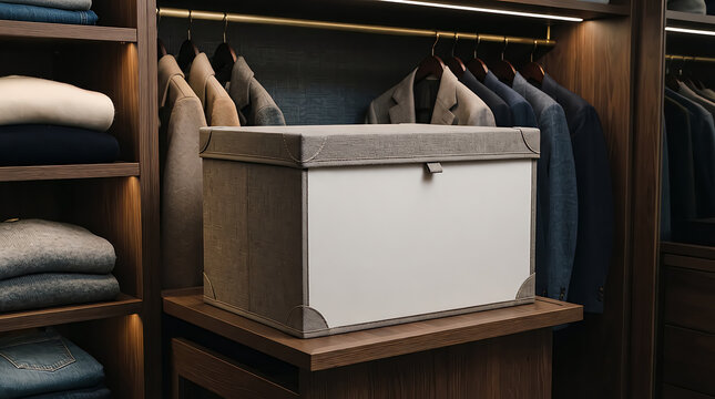 A grey storage box sitting on a shelf inside a modern dark walk in closet room