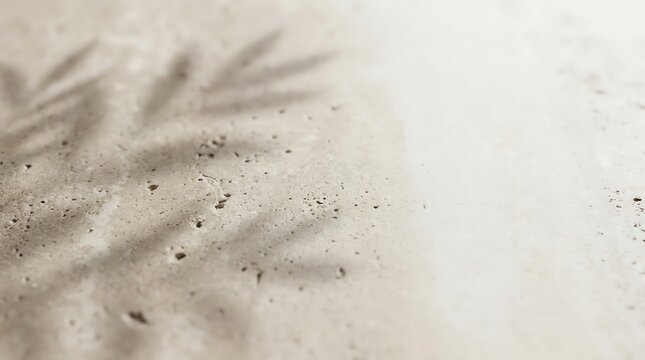 Warm Greige Travertine Stone Background with Botanical Leaf Shadows, Soft Overcast Daylight and Copy Space on the Right