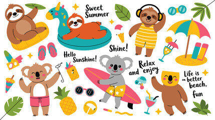 Obraz premium Cute Summer Beach Animal Illustration Set with Sloth, Monkey, Koala, Surfboard, Tropical Fruits, Ice Cream and Vacation Accessories