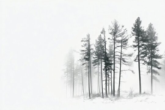 Trees stand in foggy landscape during early morning light in a quiet forest