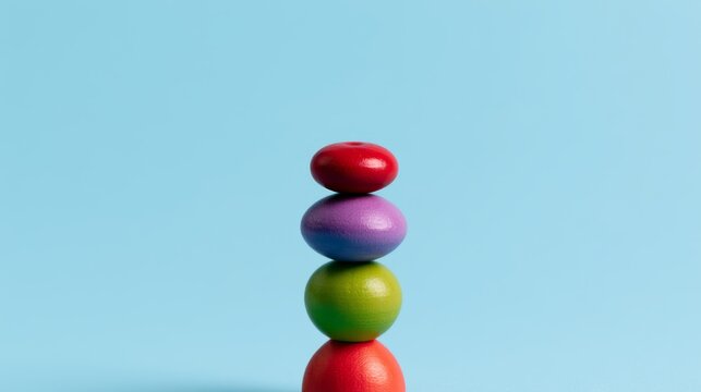 corporate pressure, burnout concept, success anxiety, Balancing Colorful Wooden Doll with Glowing Elements Against a Soft Blue Background &ndash; A Playful and Eye-Catching Display of Impossibility and Fun