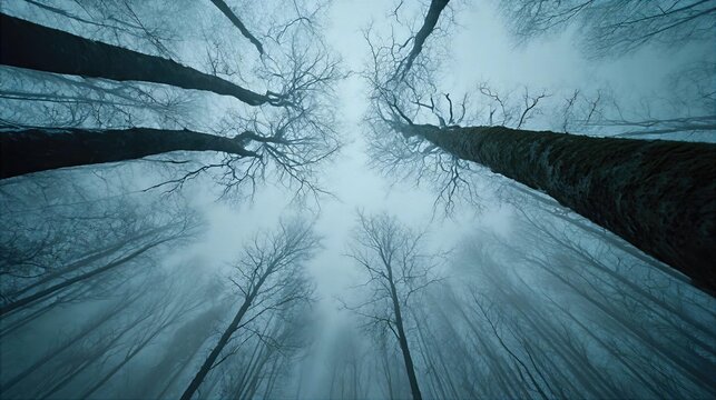 Looking up at tall trees in a foggy forest during winter