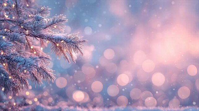 Winter scene with snow-covered tree branches and soft glowing lights