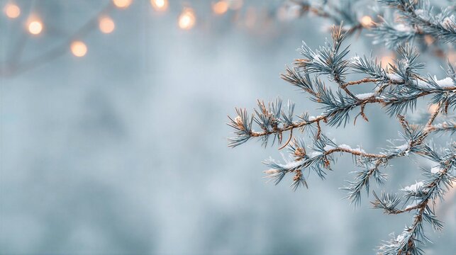 Snow-covered pine branch with blurred lights in the background during winter season