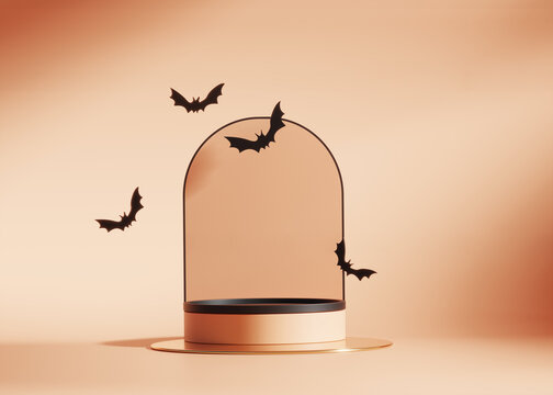 3D pedestal podium, orange background with flying bat and copy space. Halloween display showcase. Autumn product promotion. Abstract 3D render illustration	
